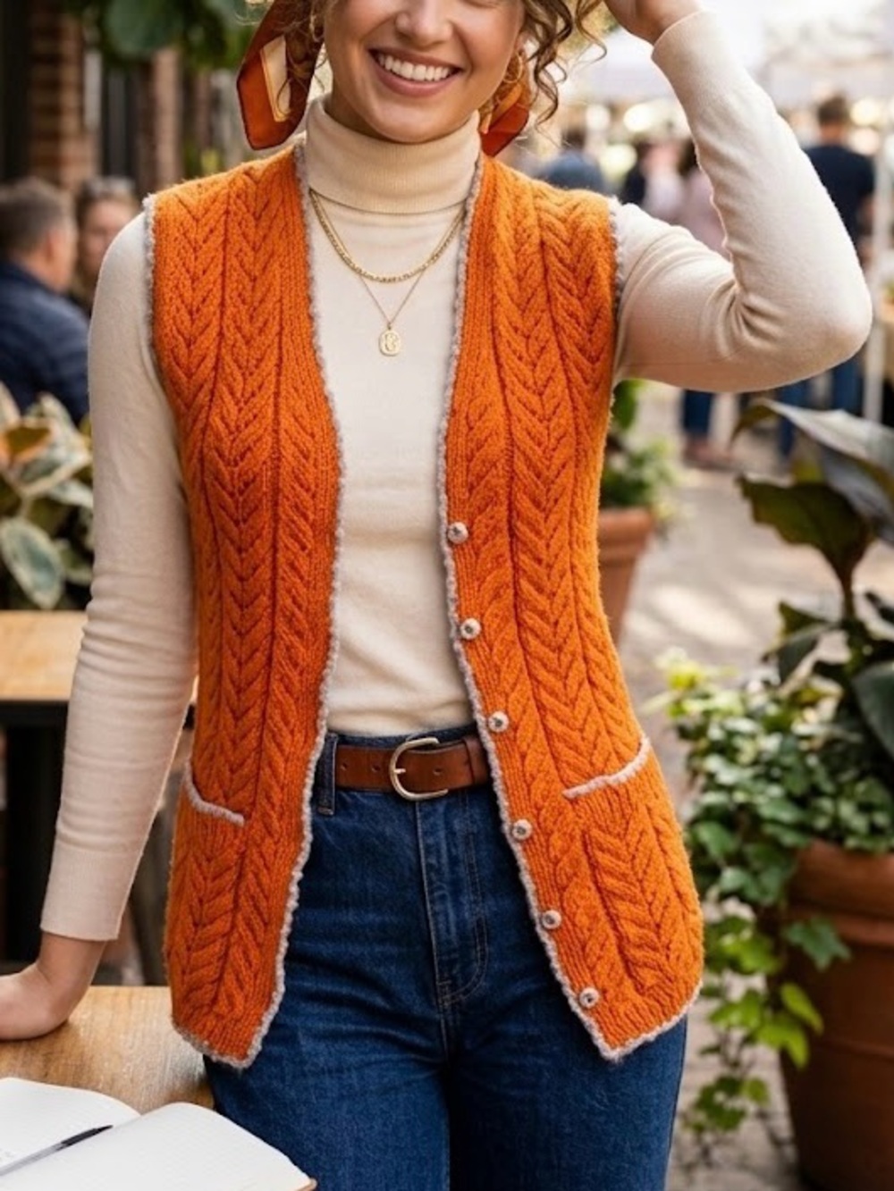 Vintage 70s Orange Knit Cable Stitch Snap Front Vest S